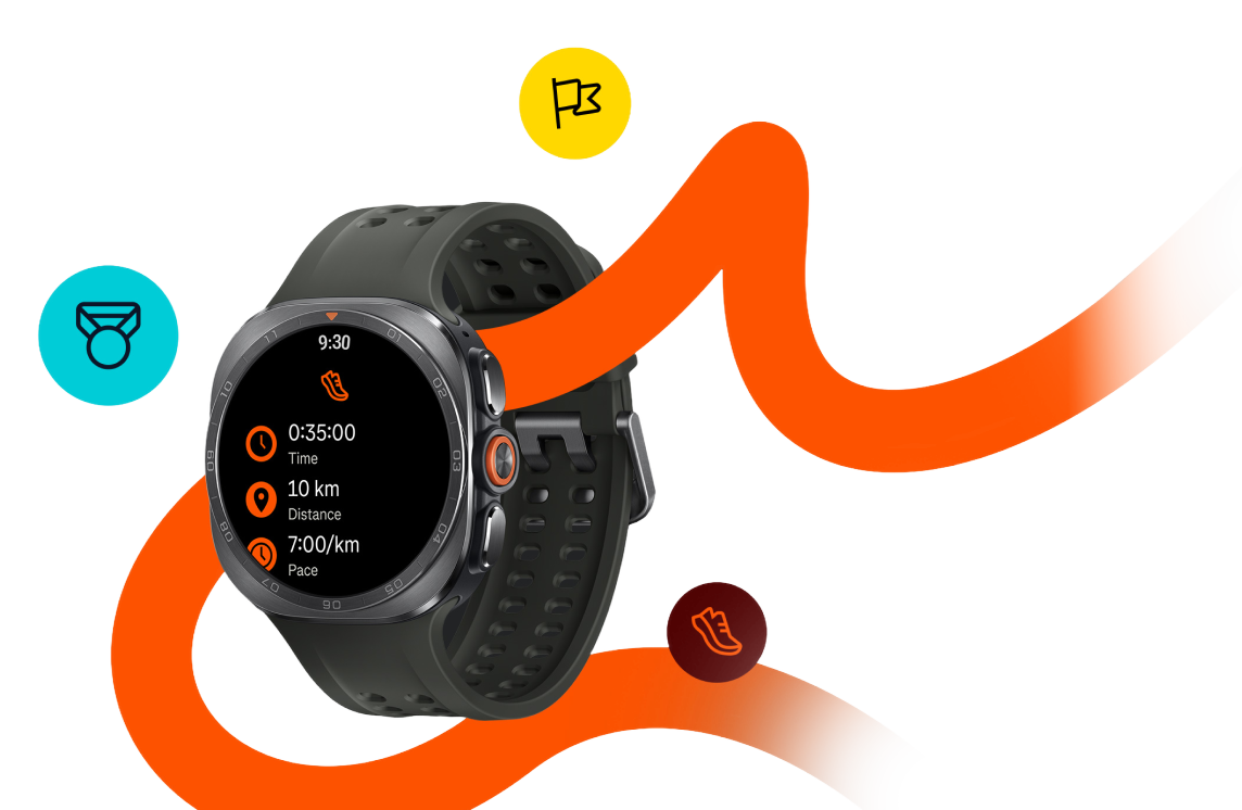 Trenuj lepiej z Strava Smartwatch z okrągłym wyświetlaczem pokazuje czas 9:30, czas trwania 0:35:00, dystans 10 km i tempo 7:00/km. W tle widoczne są kolorowe ikony i pomarańczowa linia falista.