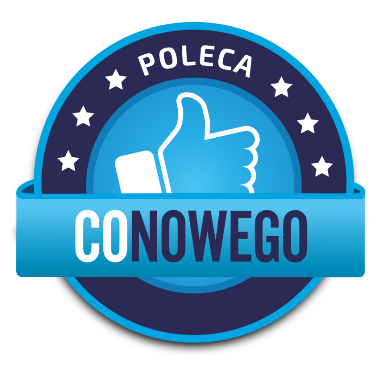 Logo Poleca Co Nowego Niebieska odznaka z białym kciukiem uniesionym do góry, otoczona gwiazdami. Na odznace widnieje tekst: \'POLECA CONOWEGO\'.