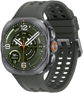 Galaxy Watch Ultra2 Smartwatch z okrągłą tarczą, wyświetlający godzinę 10:09, z zielonym tłem i białymi cyframi. Pasek jest ciemny z perforacjami, a na obudowie widoczny jest pomarańczowy przycisk.