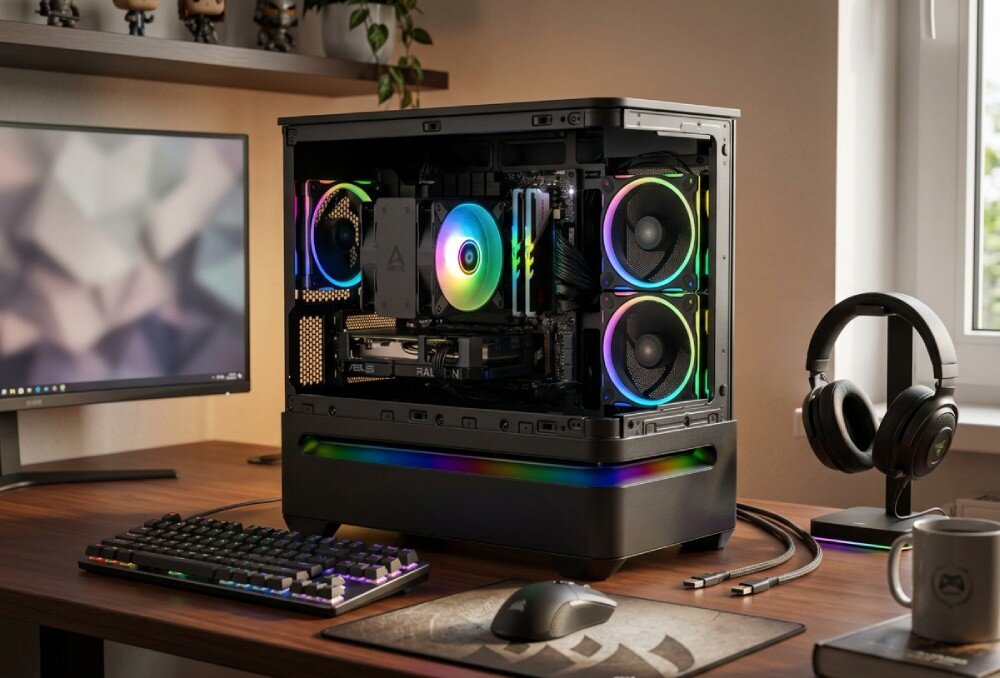 Komputer MAD DOG Powered By Asus AP202-A02WR32WH Obudowa komputerowa ze przeszklonym przednim i bocznym panelem oraz podświetlanymi wentylatorami stojąca na biurku