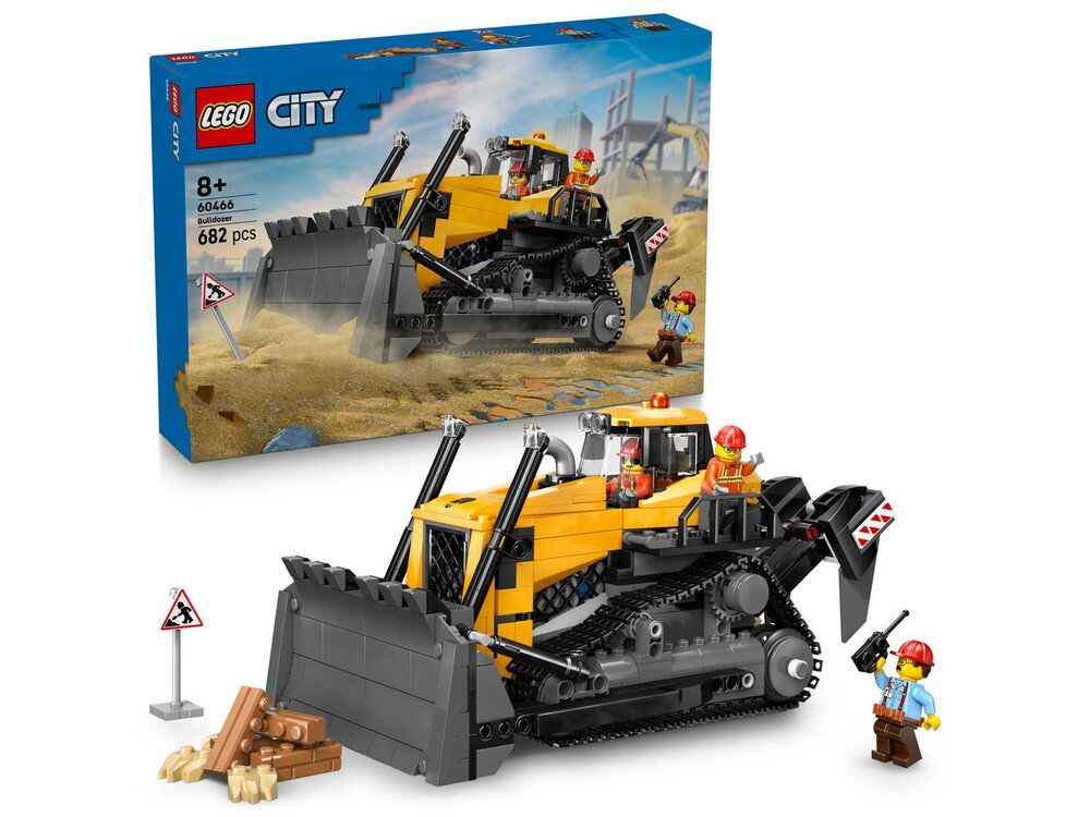 Zestaw LEGO City z żółtym buldożerem, zawierający 682 elementy, przeznaczony dla dzieci od 8 lat. Na opakowaniu widoczne jest logo LEGO i napis \'City\'.