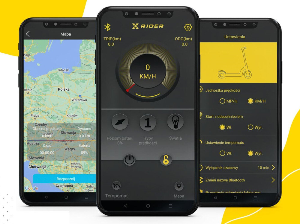 Trzy smartfony z aplikacją XRIDER, pokazujące mapę, prędkościomierz oraz ustawienia hulajnogi elektrycznej. Na ekranach widoczne są szczegóły takie jak mapa Polski, prędkość 0 KM/H oraz opcje ustawień prędkości i startu.