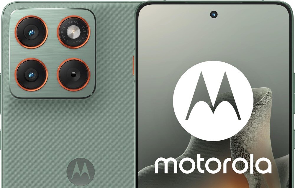 Smartfon w kolorze miętowym z widocznym logo Motorola na ekranie. Na tylnej obudowie znajdują się cztery obiektywy aparatu z pomarańczowymi akcentami.