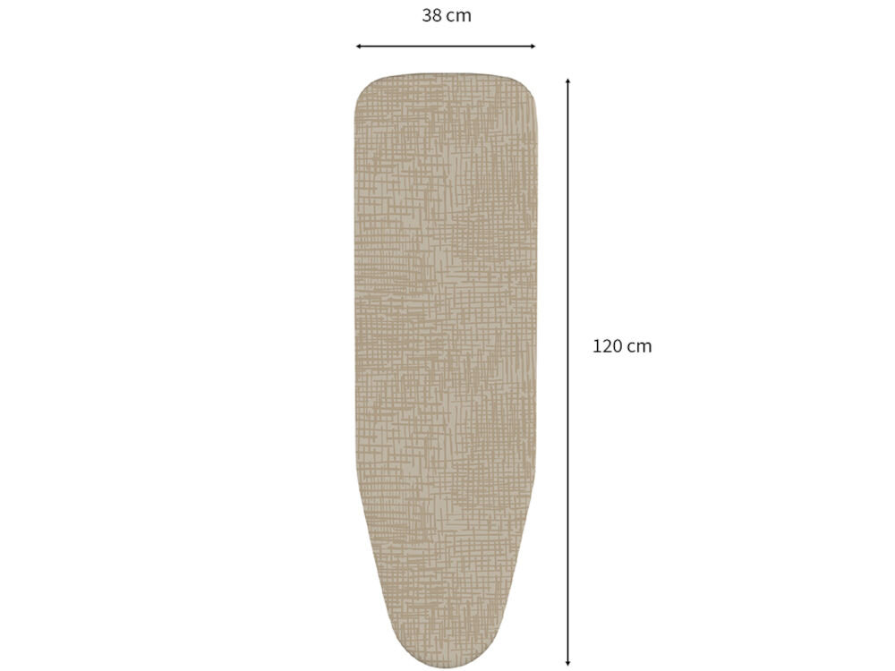 Obraz przedstawia deskę do prasowania w kolorze beżowym z wzorem przypominającym strukturę. Wymiary deski to 120 cm na 38 cm.