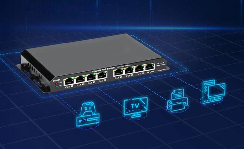 Switch EXTRALINK EX.1025 Czarny switch 'Gigabit PoE Switch' na niebieskim tle z ikonami pada, telewizora, drukarki i monitora, opis
