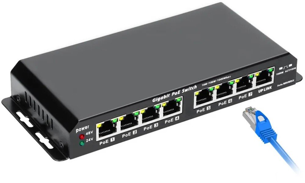 Switch EXTRALINK EX.1025 Frontowy panel czarnego switcha z diodami i portami 'PoE' oraz niebieskim kablem sieciowym, zasilacz, moc