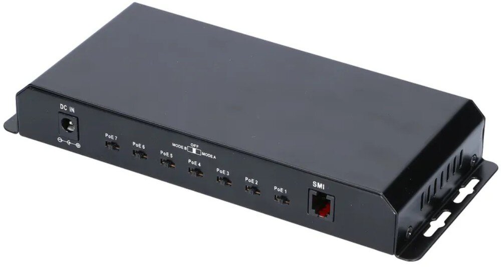 Switch EXTRALINK EX.1025 Tylny panel czarnego switcha z portem zasilania, przełącznikiem trybów i portami 'PoE', działanie, algorytm przełączania