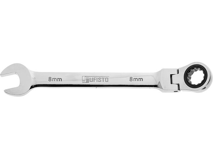 Na obrazie widoczny jest metalowy klucz oczkowo-płaski z grzechotką o rozmiarze 8 mm. Na kluczu znajduje się napis \'8 mm\' oraz logo \'JUFISTO\'.