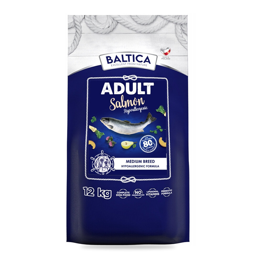 Opakowanie suchej karmy dla psów średnich ras z łososiem marki Baltica. Na opakowaniu widnieje napis \'ADULT Salmon Hypoallergenic\' oraz \'12 kg\'.