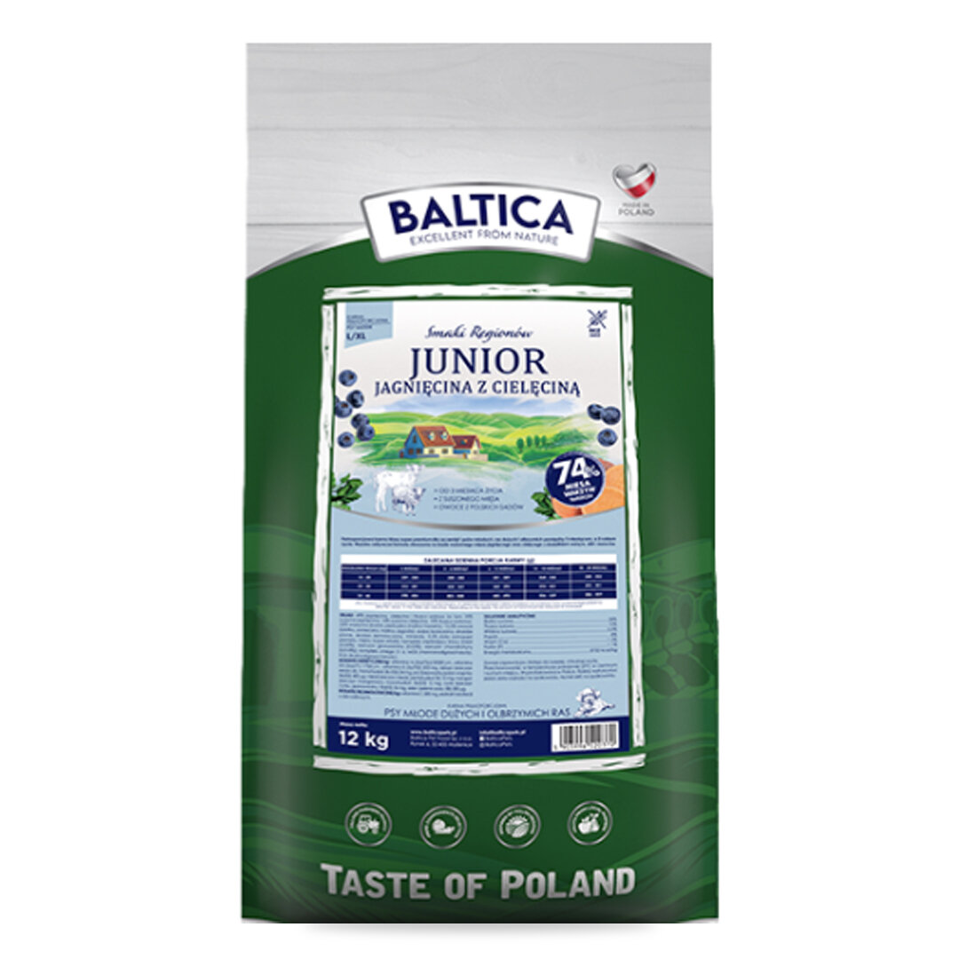 Opakowanie suchej karmy dla psów z napisem \'Baltica Smaki Regionów Junior Jagnięcina z Cielęciną\'. Widoczne są informacje o zawartości 12 kg oraz logo \'Taste of Poland\'.
