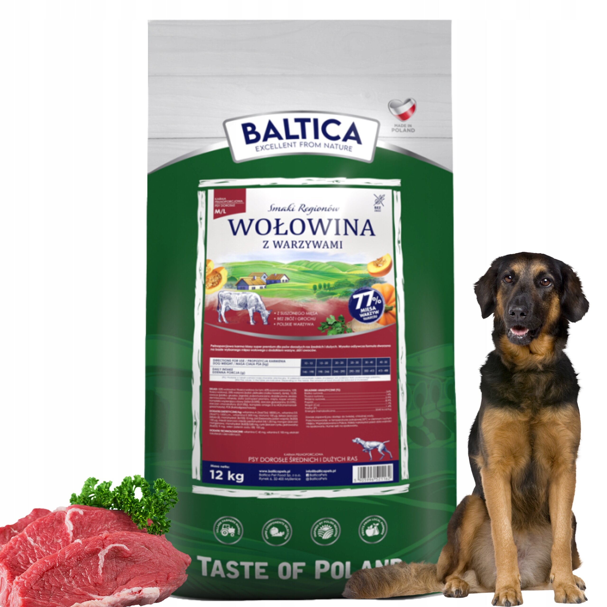 Opakowanie suchej karmy dla psa marki Baltica o nazwie \'Wołowina z Warzywami\', z widocznym logo i wagą 12 kg. Obok opakowania znajduje się pies oraz kawałek surowej wołowiny z natką pietruszki.