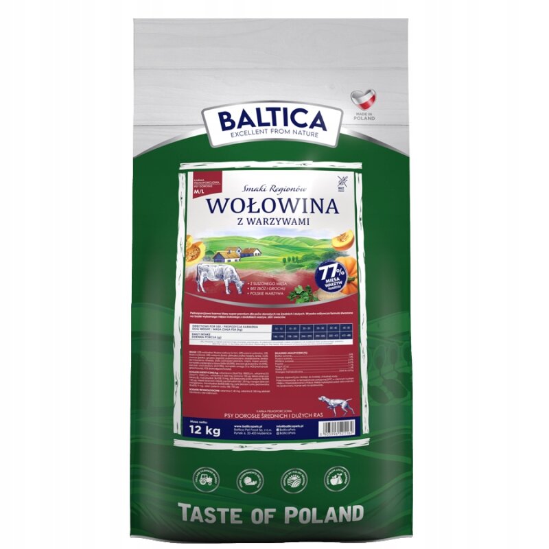 Opakowanie suchej karmy dla psa marki Baltica o nazwie \'Smaki Regionów Wołowina z Warzywami\', o wadze 12 kg. Na opakowaniu widnieje napis \'Taste of Poland\' oraz informacja o 77% zawartości mięsa wołowego.