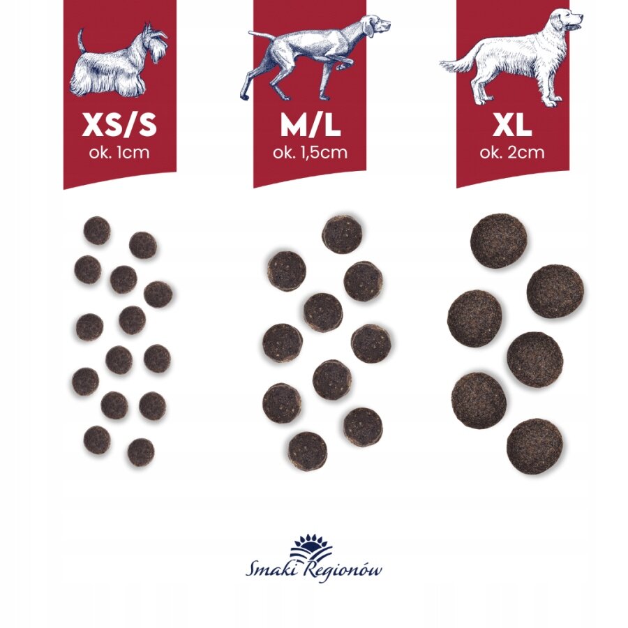 Obraz przedstawia trzy grupy suchych karm dla psów o różnych rozmiarach: XS/S, M/L i XL, z ilustracjami psów nad każdą grupą. Na dole widoczne jest logo \'Smaki Regionów\'.