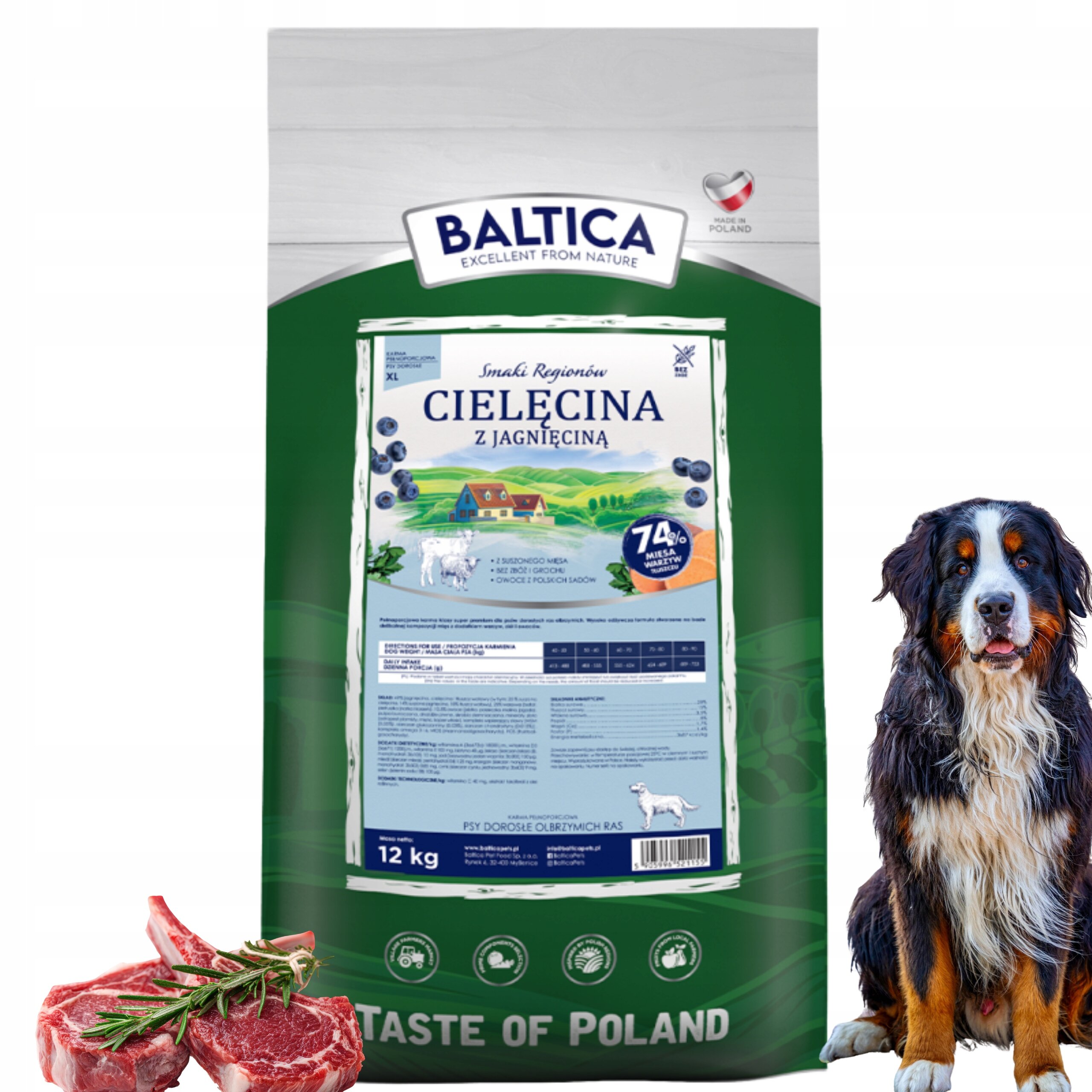 Opakowanie karmy dla psa marki Baltica z napisem \'Cielęcina z Jagnięciną\' oraz informacją \'74% mięsa w składzie\'. Obok opakowania widoczny jest pies oraz kawałki mięsa z rozmarynem.