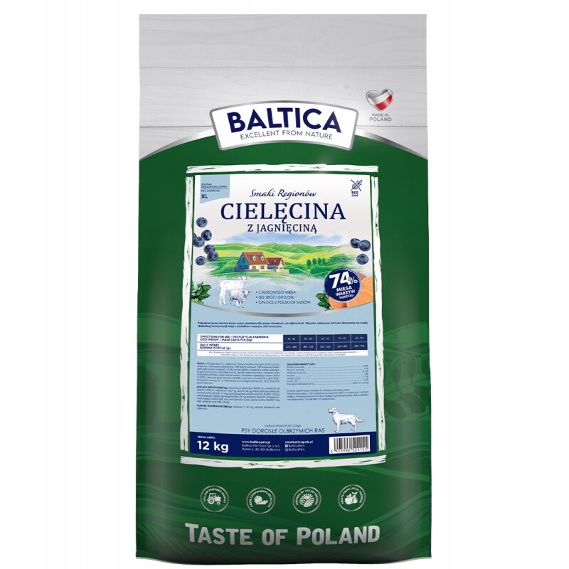 Opakowanie karmy dla psa marki Baltica o smaku cielęciny z jagnięciną, z napisem \'Smaki Regionu\' i informacją \'74% mięsa w składzie\'. Widoczne są również oznaczenia \'Made in Poland\' oraz \'Taste of Poland\'.