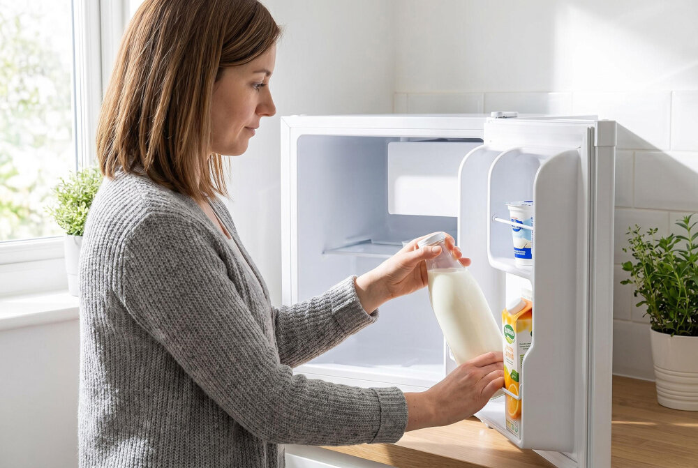 Osoba stoi przy otwartej białej lodówce, trzymając butelkę mleka. W drzwiach lodówki znajdują się produkty spożywcze, takie jak jogurt i sok pomarańczowy.
