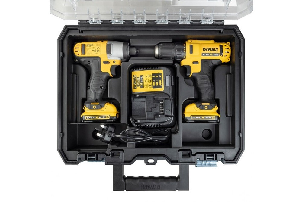 Zestaw Combo DEWALT DCK211D2T walizka TSTAK praktyczna wygodne przechowywanie transport narzedzi solidna konstrukcja dedykowane miejsca pomaga utrzymac porzadek ulatwa organizacje ochrona przed uszkodzeniami
