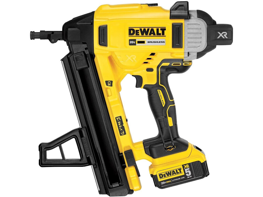 Gwoździarka akumulatorowa DEWALT DCN890P2-QW zasilanie akumulatorowe mobilnosc kompatybilna z seria DEWALT 18 V XR oszczednosc w zestawie dwa akumulatory pojemnosc 5,0 Ah kazdy ladowarka
