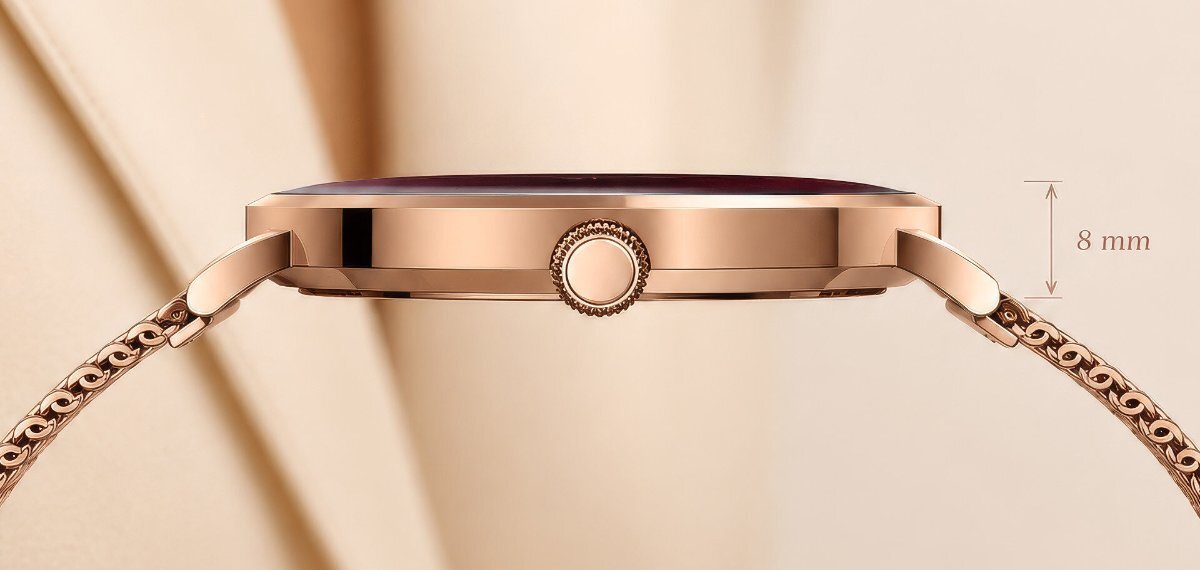 Smartwatch 3MK Altora Vivid Lady na jasnym tle - widoczna jest wysokość koperty zegarka.