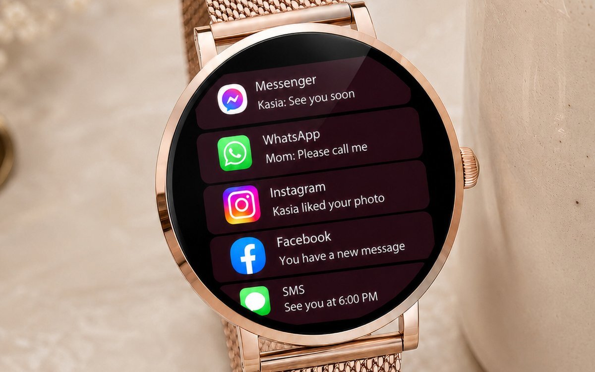Smartwatch 3MK Altora Vivid Lady na jasnym tle, na ekranie zegarka widoczne są powiadomienia z aplikacji.