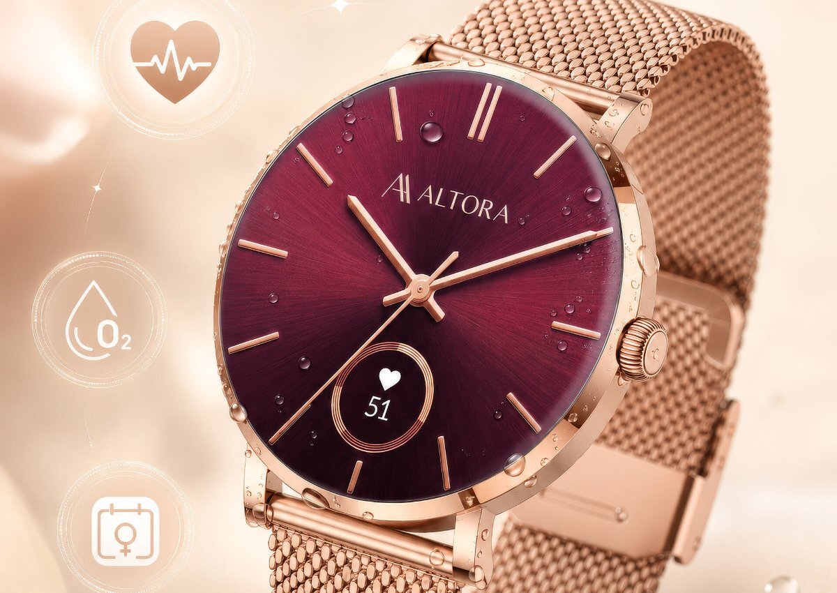 Smartwatch 3MK Altora Vivid Lady na jasnym tle, obok niego widoczne są ikony funkcji pomiarów.