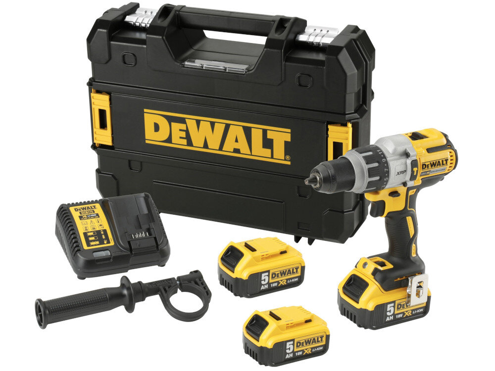 Wiertarko-wkrętarka DEWALT DCD996P3-QW w zestawie 3 akumulatory ładowarka zaczep do paska uchwyt magnetyczny wielopozycyjna rękojeść boczna walizka narzędziowa instrukcja obsługi w języku polskim karta gwarancyjna