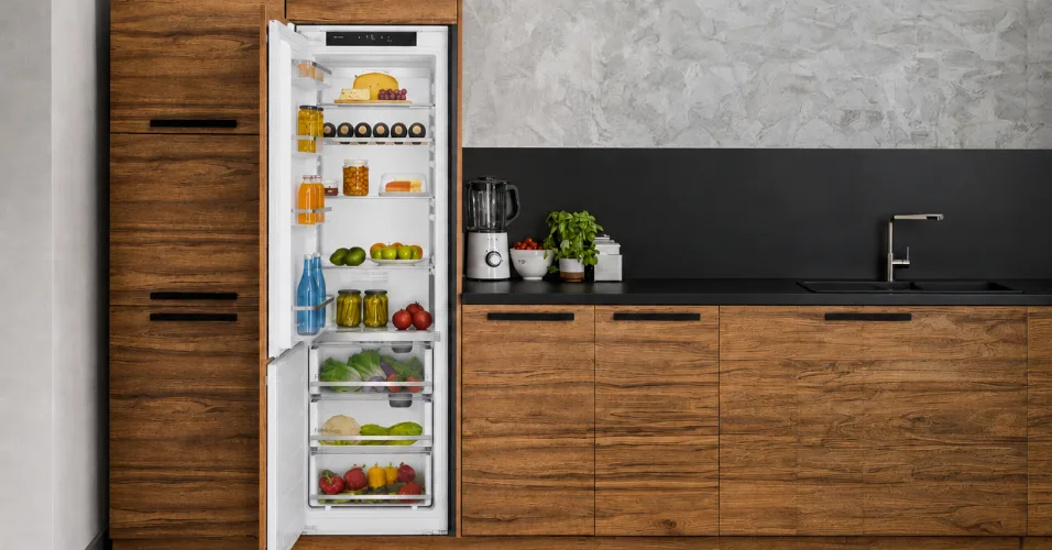 Kuchnia z drewnianymi szafkami, w której znajduje się otwarta lodówka z różnorodnymi produktami spożywczymi na półkach. Na blacie obok lodówki stoi blender i miski z ziołami.