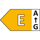 Żółta etykieta energetyczna z literą \'E\' po lewej stronie i skalą od \'A\' do \'G\' po prawej stronie.