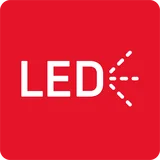 Czerwony kwadrat z białym napisem \'LED\' oraz symbolizowanym światłem wychodzącym z litery \'D\'.