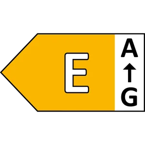 Etykieta energetyczna z literą \'E\' na żółtym tle oraz skalą od A do G z zaznaczeniem strzałką w górę.