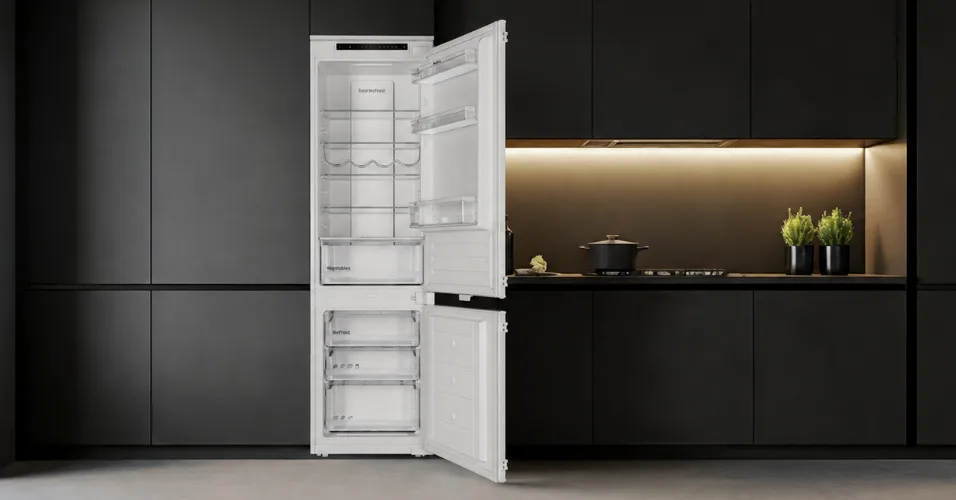 Biała lodówka z otwartymi drzwiami, ukazująca wnętrze z półkami i szufladami, stoi w nowoczesnej kuchni z ciemnymi szafkami. Na blacie obok znajdują się garnki i doniczki z roślinami.