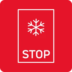 Czerwony znak z białą ramką, wewnątrz której znajduje się symbol płatka śniegu oraz napis \'STOP\'.