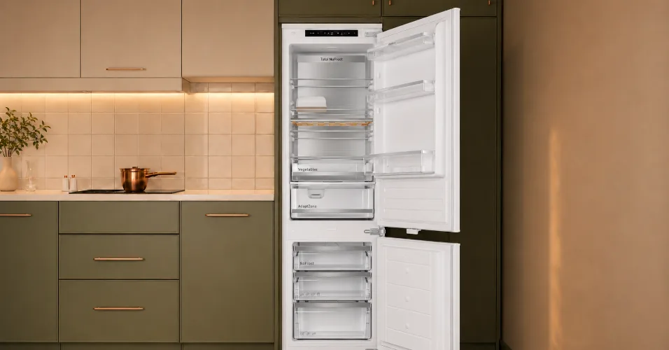Otwarta lodówka w zabudowie kuchennej z widocznymi półkami i szufladami. Na drzwiach lodówki widoczny jest tekst: \'Total NoFrost\', \'Vegetables\', \'AdaptZone\', \'NoFrost\'.