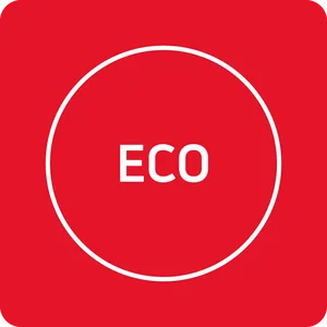 Czerwony kwadrat z białym okręgiem w środku, wewnątrz którego znajduje się napis \'ECO\'.