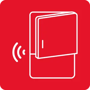 Ikona przedstawia białą lodówkę z otwartymi drzwiami na czerwonym tle, z falami symbolizującymi sygnał po lewej stronie.