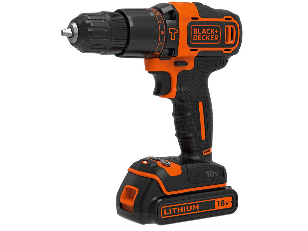 Wiertarko-wkrętarka BLACK&DECKER BDCHD18K silnik bezszczotkowy akumulator Li-Ion napięcie 18 V pojemność 1,5 Ah maksymalna prędkość obrotowa do 1400 obr/min częstotliwość udaru do 21000 ud/min maksymalny moment obrotowy do 40 Nm