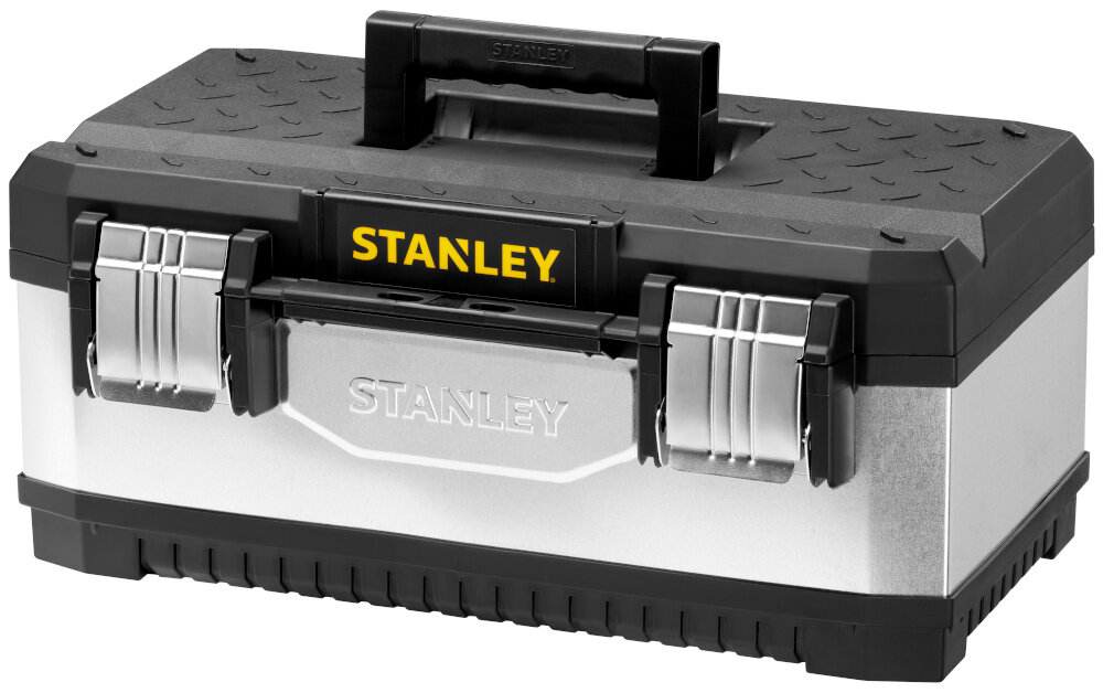 Skrzynka narzędziowa STANLEY 1-95-618 skrzynka na białym tle widoczna od przodu pod skosem wymiary 500 × 222 × 290 mm waga 2,5 kg duża pojemność wytrzymałość