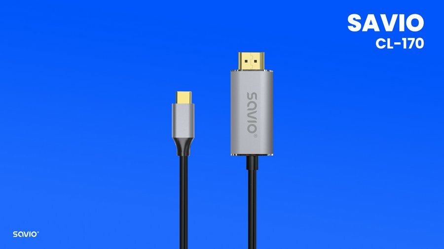 Obraz przedstawia kabel USB Typ-C do HDMI z widocznymi końcówkami, na niebieskim tle. Na końcówce HDMI widnieje napis \'SAVIO\', a w prawym górnym rogu znajduje się tekst \'SAVIO CL-171\'.