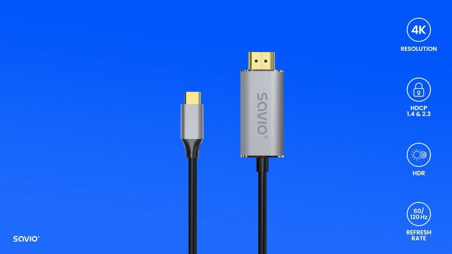 Obraz przedstawia kabel USB Typ-C do HDMI z logo \'SAVIO\' na tle niebieskiego ekranu. Po prawej stronie znajdują się ikony z napisami: \'4K RESOLUTION\', \'HDCP 1.4 & 2.3\', \'HDR\', \'60/120Hz REFRESH RATE\'.