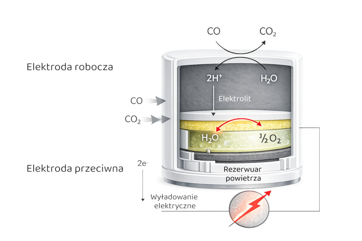 Schemat przedstawia przekrój czujnika z oznaczeniami: elektroda robocza, elektroda przeciwna, elektrolit, rezerwuar powietrza oraz procesy chemiczne z udziałem CO, CO2, H2O i 2H+. Widoczne są także strzałki wskazujące kierunki przepływu gazów i wyładowanie elektryczne.