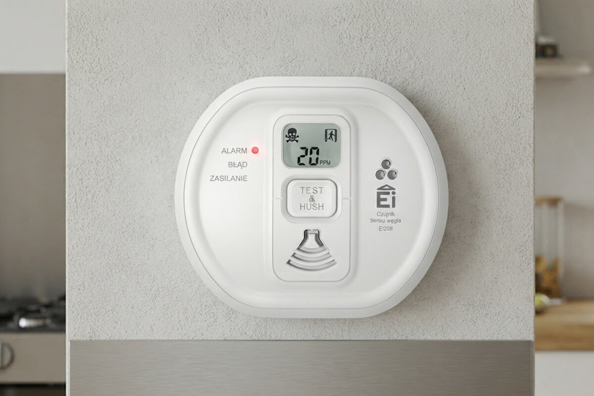 Na ścianie zamontowany jest biały czujnik tlenku węgla z wyświetlaczem pokazującym \'20 PPM\'. Widoczne są napisy: \'ALARM\', \'BŁĄD\', \'ZASILANIE\', \'TEST & HUSH\', oraz logo \'Ei Czujnik tlenku węgla EI208\'.