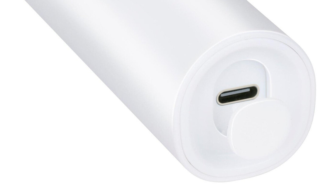 Biały, cylindryczny obiekt z portem USB-C na jednym końcu.