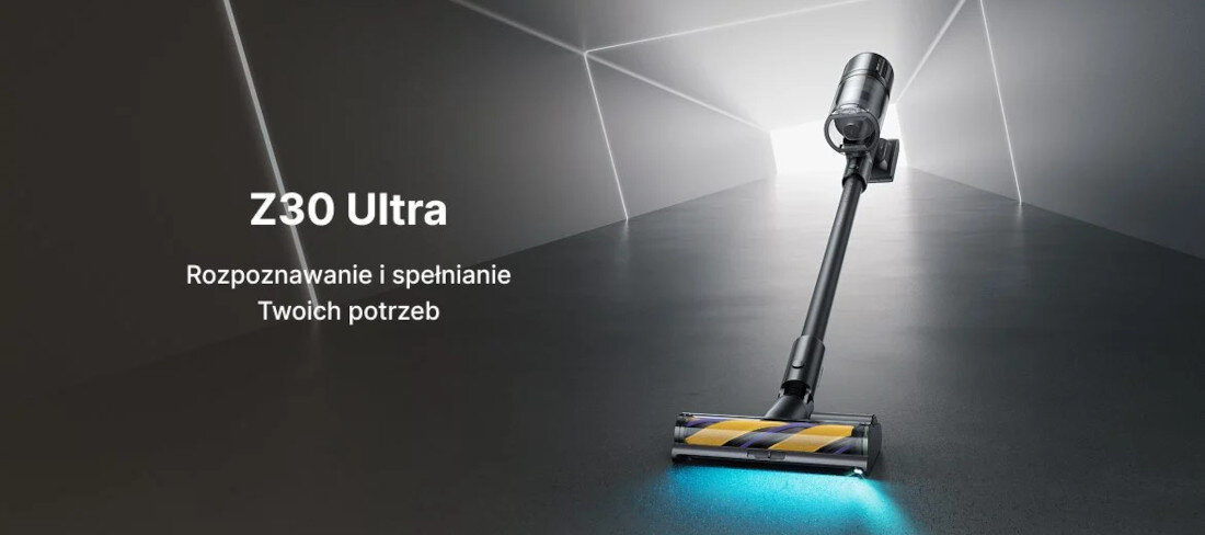 Na obrazie widoczny jest odkurzacz pionowy na tle futurystycznego wnętrza. Obok znajduje się tekst: \'Z30 Ultra Rozpoznawanie i spełnianie Twoich potrzeb\'.