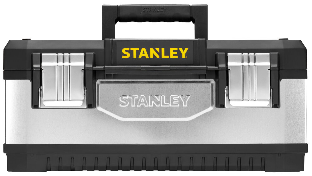 Skrzynka narzędziowa STANLEY 1-95-619 skrzynka na białym tle widoczna od przodu korpus z połączenia wytrzymałego tworzywa i metalu wysoka odporność na uszkodzenia mechaniczne lekka konstrukcja galwanizowana powłoka metalowych elementów ochrona przed korozją