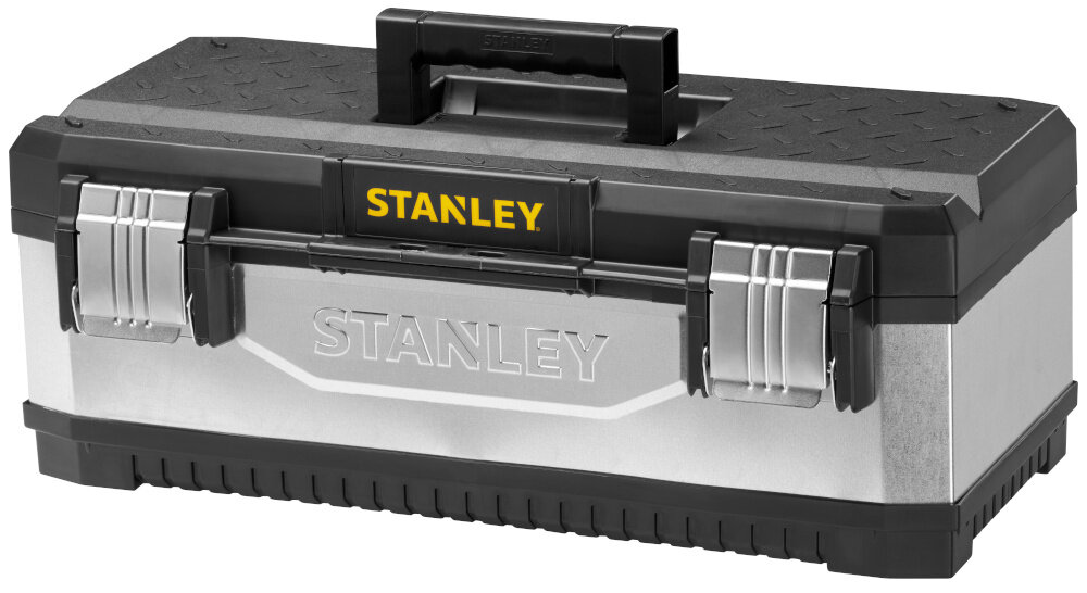 Skrzynka narzędziowa STANLEY 1-95-619 skrzynka na białym tle widoczna od przodu pod skosem wymiary 584 × 222 × 293 mm waga 2,8 kg duża pojemność wytrzymałość