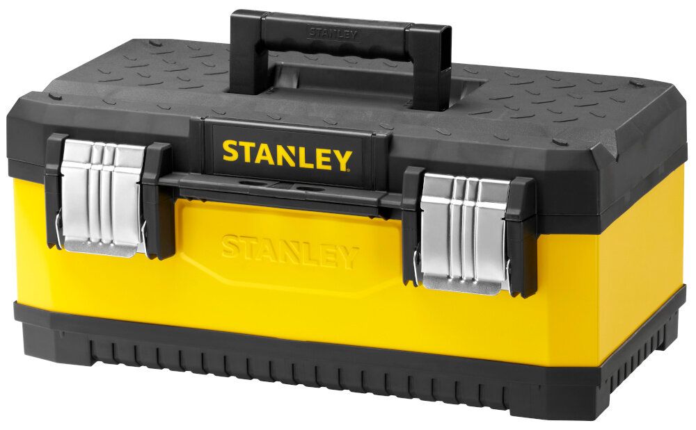 Skrzynka narzędziowa STANLEY Żółta 1-95-613 skrzynka na białym tle widoczna od przodu pod skosem wymiary 580 × 290 × 222 mm waga 2,8 kg duża pojemność wytrzymałość
