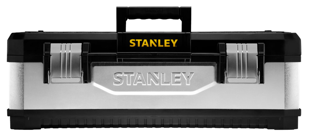 Skrzynka narzędziowa STANLEY 1-95-620 skrzynka na białym tle widoczna od przodu korpus z połączenia wytrzymałego tworzywa i metalu wysoka odporność na uszkodzenia mechaniczne lekka konstrukcja galwanizowana powłoka metalowych elementów ochrona przed korozją