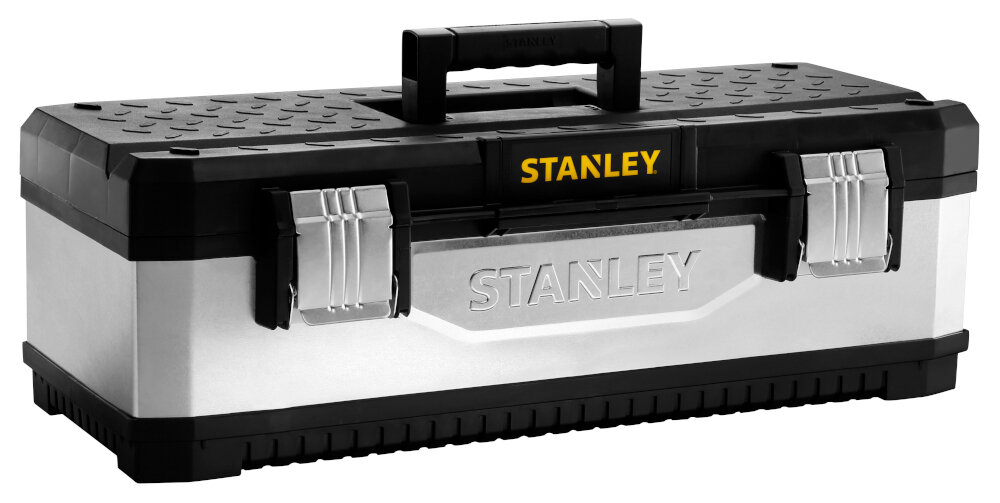 Skrzynka narzędziowa STANLEY 1-95-620 skrzynka na białym tle widoczna od przodu pod skosem wymiary 660 × 222 × 290 mm waga 3,18 kg duża pojemność wytrzymałość