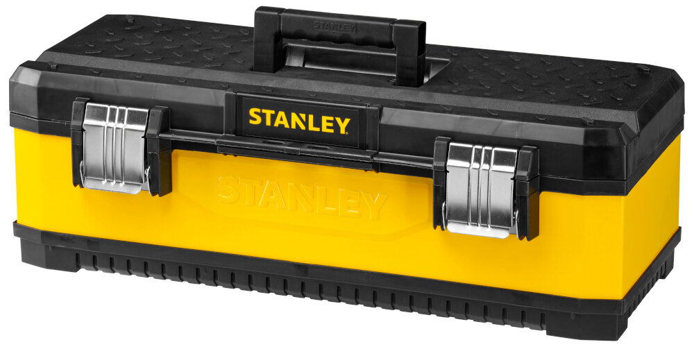Skrzynka narzędziowa STANLEY Żółta 1-95-614 skrzynka na białym tle widoczna od przodu pod skosem wymiary 660 × 293 × 223 mm waga 3,2 kg duża pojemność wytrzymałość