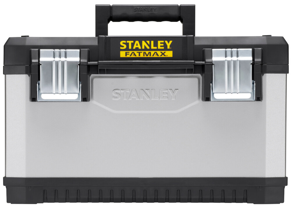 Skrzynka narzędziowa STANLEY Fatmax 1-95-617 skrzynka na białym tle widoczna od przodu korpus z połączenia wytrzymałego tworzywa i metalu wysoka odporność na uszkodzenia mechaniczne lekka konstrukcja galwanizowana powłoka metalowych elementów ochrona przed korozją